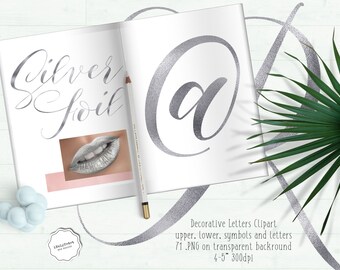 Silver Foil Letters Clipart - Silver Alphabet - Foil Alphabet Clip Art - Silver Wedding Alphabet - Calligraphic Font - Luxury Letters