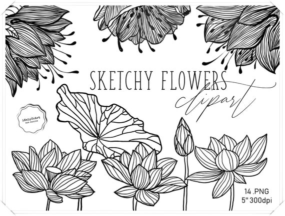 Flowers Clipart Black And White Flowers Clip Art Sketchy Etsy