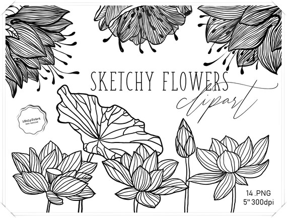 Flowers Clipart Black And White Flowers Clip Art Sketchy Etsy