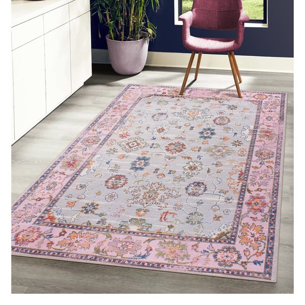 Washable Area Rug by GLN Rugs Pink Gray Floral Boho Style for Kitchen Kids Bathroom Nursery Girls Room 2x3 3x5, 5x7, 6x9, 8x10 Runner 2x7