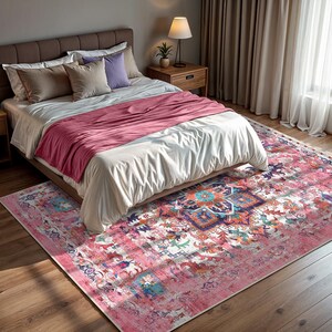 Puede incluir: Una alfombra rectangular grande con un aspecto vintage desgastado. La alfombra presenta un dise&ntilde;o de medall&oacute;n central en tonos de azul, turquesa y naranja, sobre un fondo rosa y blanco. La alfombra est&aacute; colocada en un dormitorio.