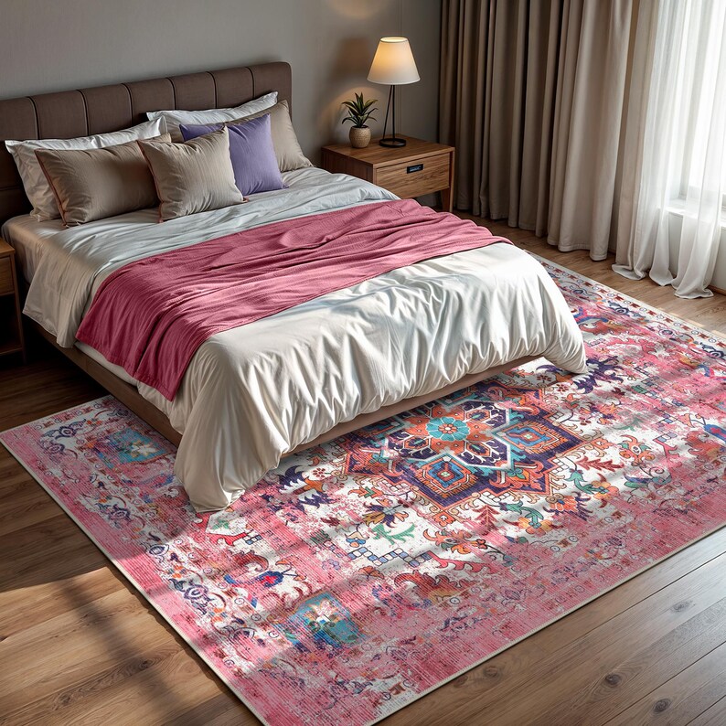 Puede incluir: Una alfombra rectangular grande con un aspecto vintage desgastado. La alfombra presenta un dise&ntilde;o de medall&oacute;n central en tonos de azul, turquesa y naranja, sobre un fondo rosa y blanco. La alfombra est&aacute; colocada en un dormitorio.