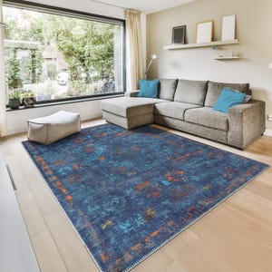Alfombra GLN Atlantis - Alfombra lavable a máquina - Alfombras abstractas azul oscuro para el hogar