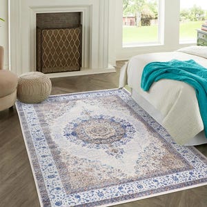 Alfombra GLN Vona - Lavable a máquina - Alfombras turcas color crema/azul marino para el hogar