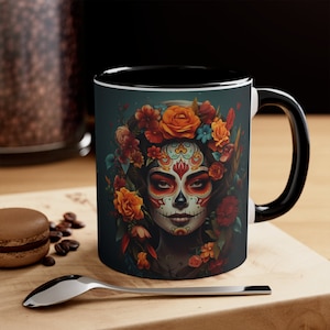 Taza de café con calavera de azúcar de Halloween - Taza de cerámica única para mañanas espeluznantes - Bebidas inspiradas en el Día de los Muertos - Regalo para los amantes del café