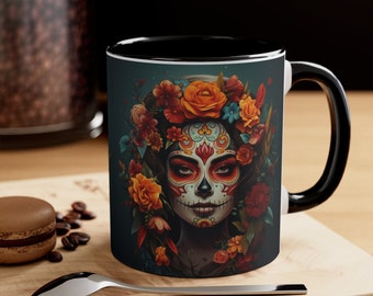 Halloween Sugar Skull Coffee Mug - Unique Ceramic Cup for Spooky Mornings - Dia de los Muertos Inspired Drinkware - Gift for Coffee Lovers