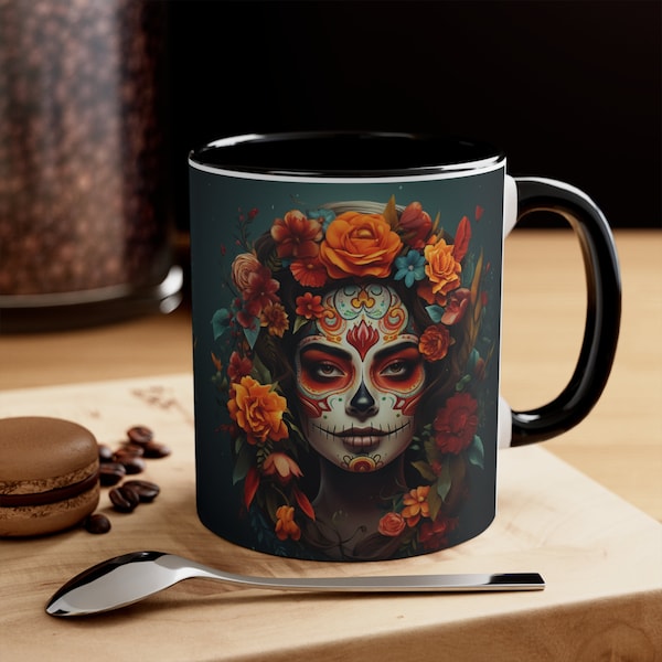 Halloween Sugar Skull Coffee Mug - Unique Ceramic Cup for Spooky Mornings - Dia de los Muertos Inspired Drinkware - Gift for Coffee Lovers