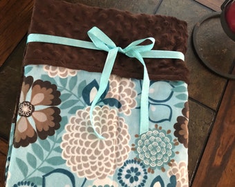 Brown and Blue Chrysanthemum Baby Minky Blanket