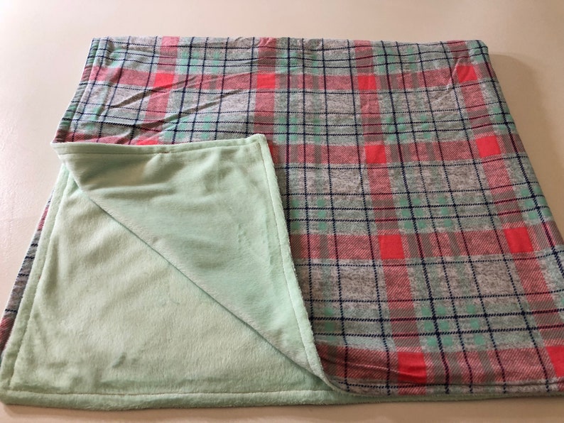 LUXE* Coral /& Seafoam Green Plaid Baby Minky Blanket