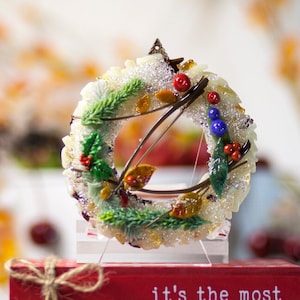 Glass Wreath for Winter Holiday/H1645 (4&quot; wide). Fused glass base with components made from flamework, murrine, and glass clay!