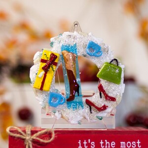 Glass Wreath for Winter Holiday/H1637 (4&quot; wide). Fused glass base with components made from flamework, murrine, and glass clay!