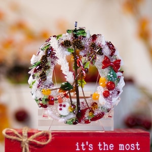 Glass Wreath for Winter Holiday/H1627 (4&quot; wide). Fused glass base with components made from flamework, murrine, and glass clay!