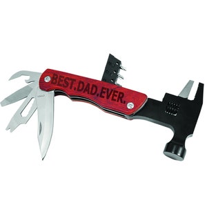 May include: A multi-tool with a wooden handle engraved with the text "BEST.DAD.EVER." The tool has a hammer, pliers, a knife, and other tools.