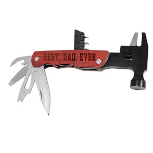 May include: A multi-tool with a hammer, wrench, and knife. The handle is made of wood and has the text "BEST. DAD. EVER." engraved on it.