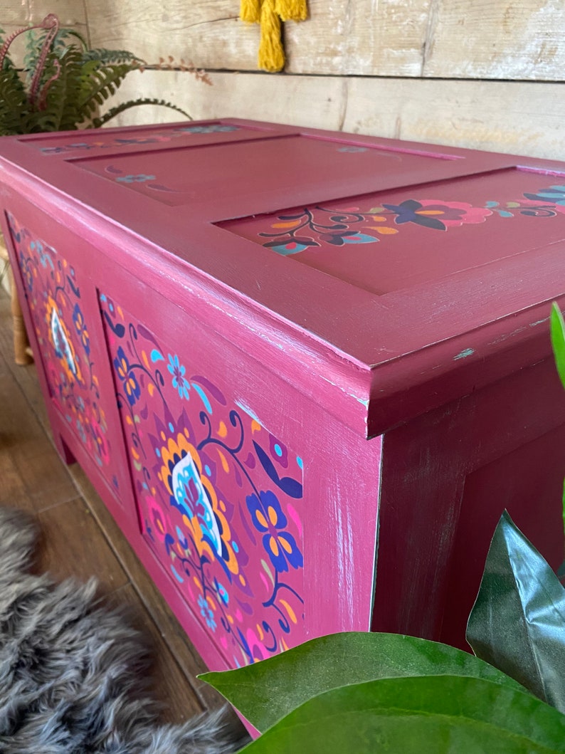 Boho Blanket Box Painted Pink and Floral Etsy UK