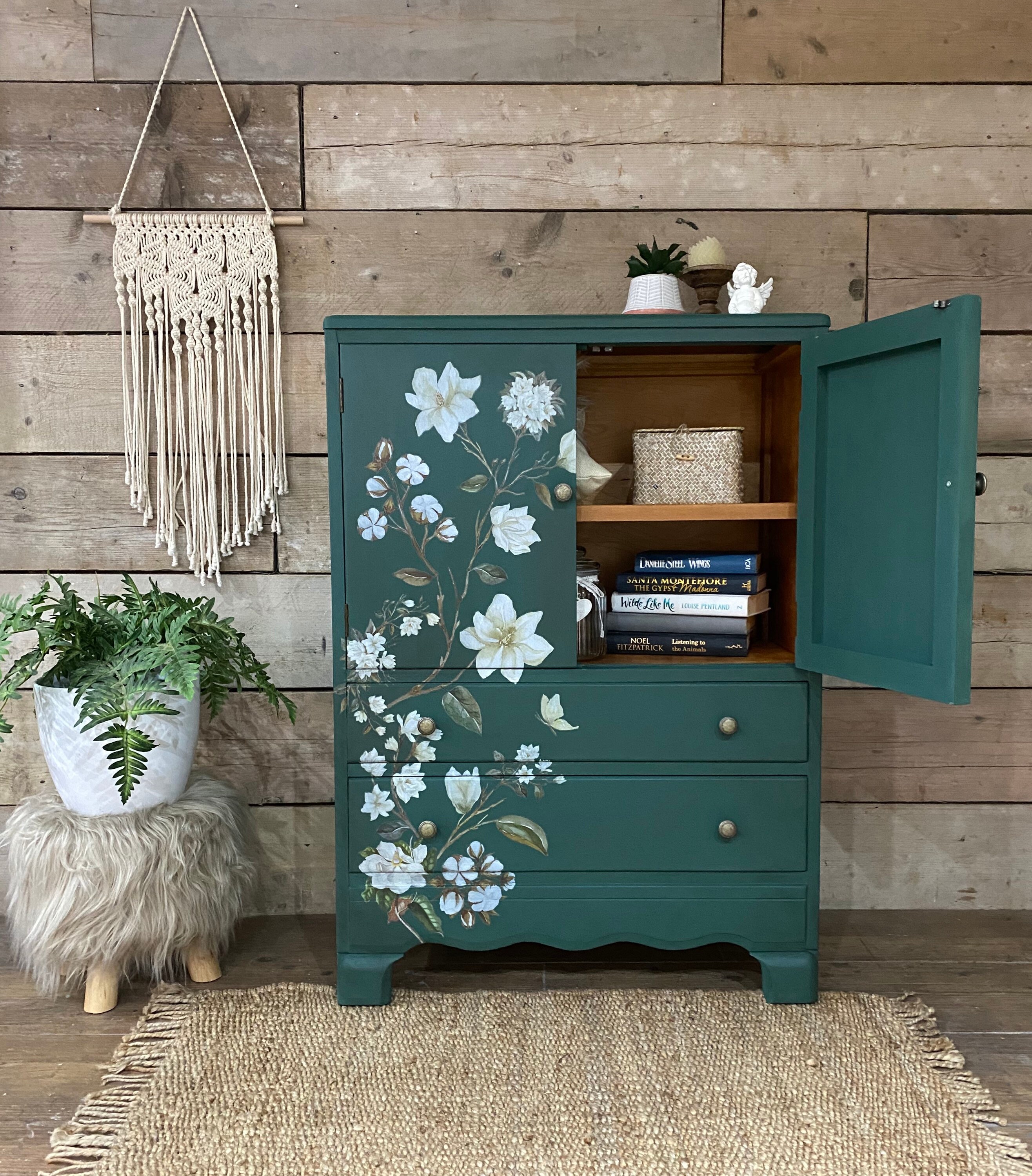 Vintage linen cupboard painted dark green Etsy