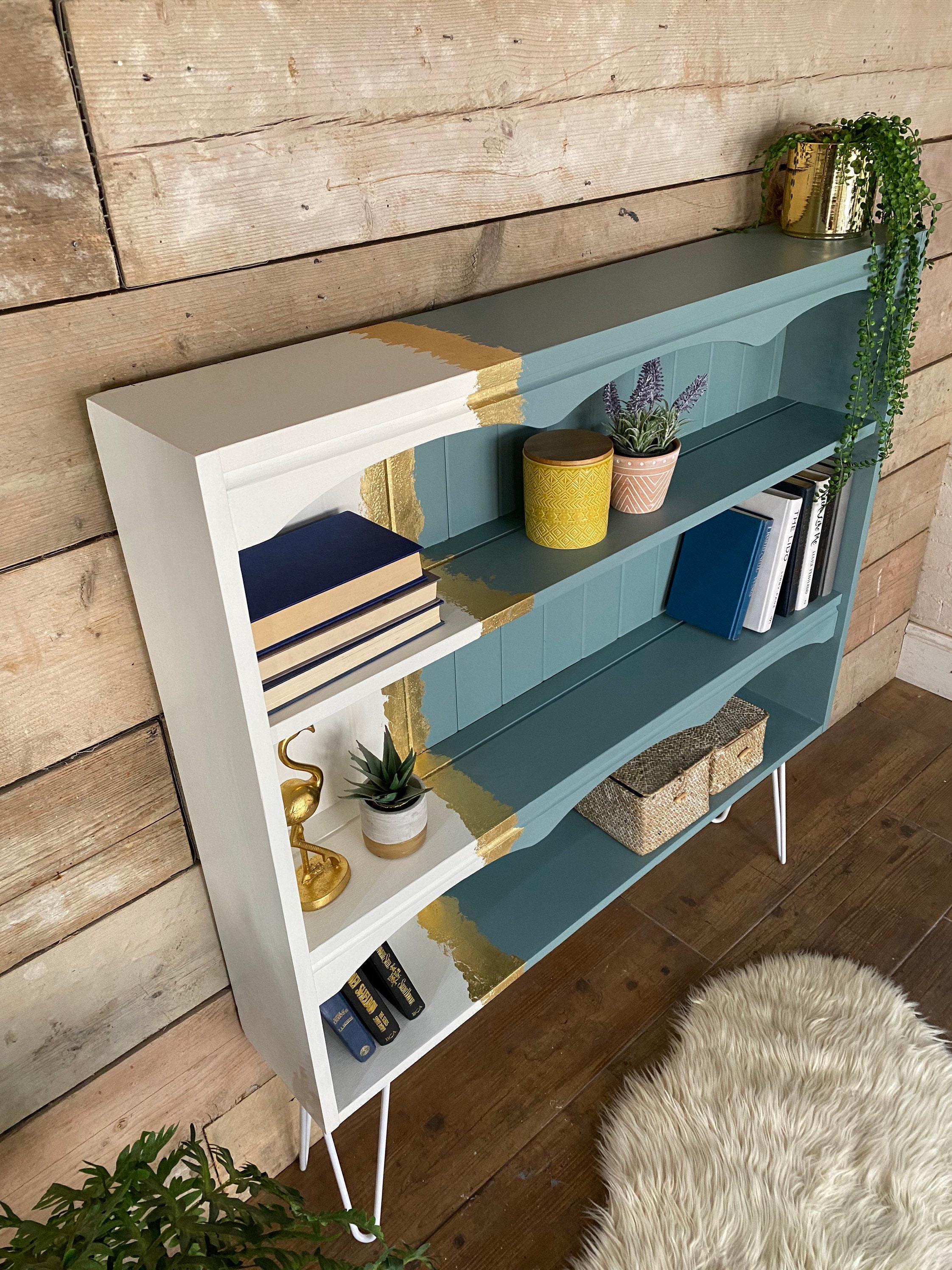 Retro pine bookcase painted white and blue Etsy