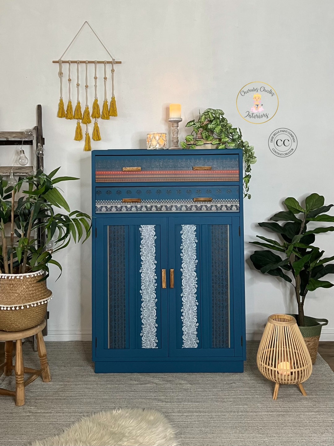 Vintage Tallboy Linen Cupboard Painted Blue Boho Style