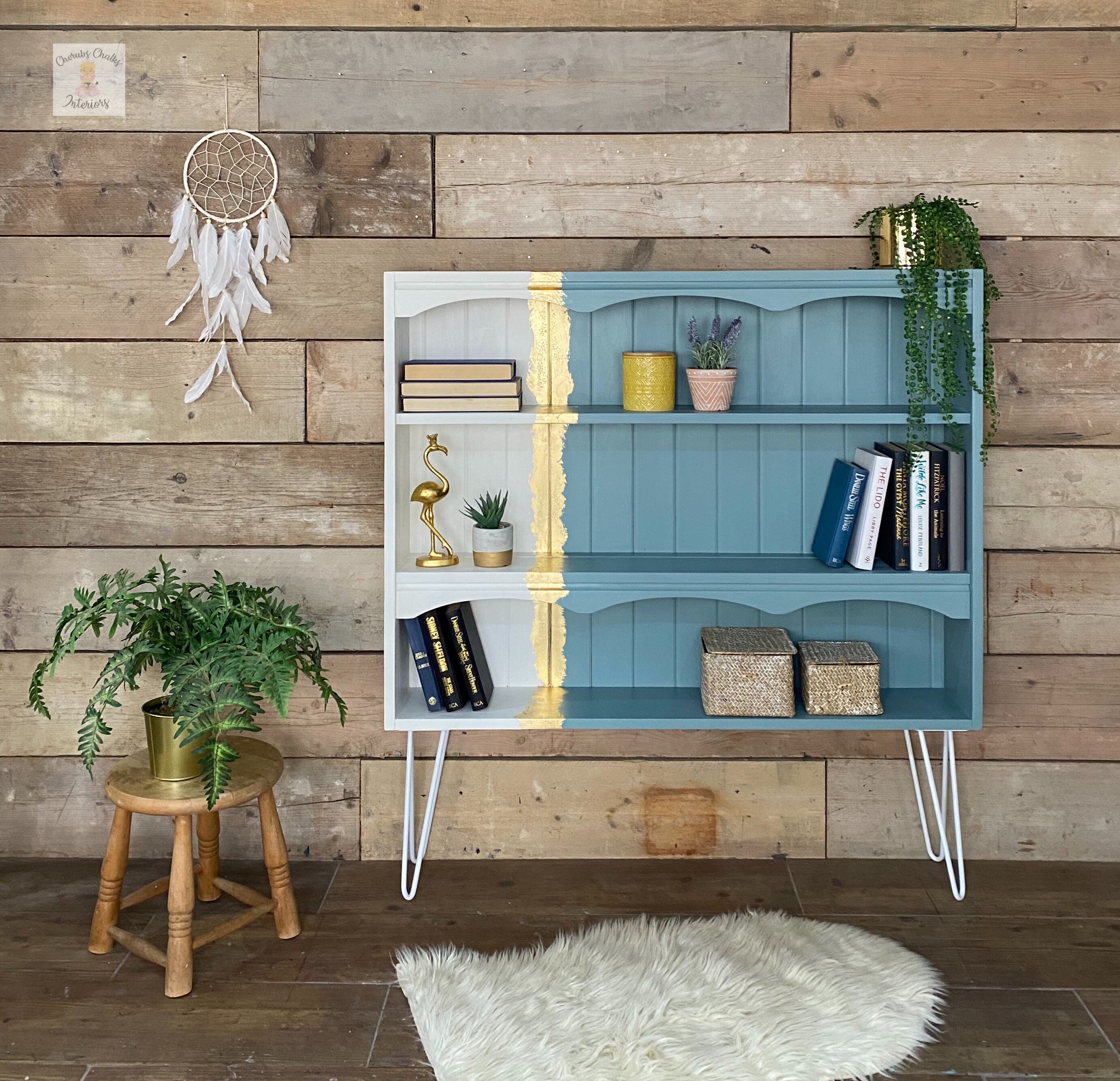 Retro pine bookcase painted white and blue Etsy