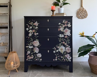 Vintage Chest of Drawers, Painted Black with Floral Decor