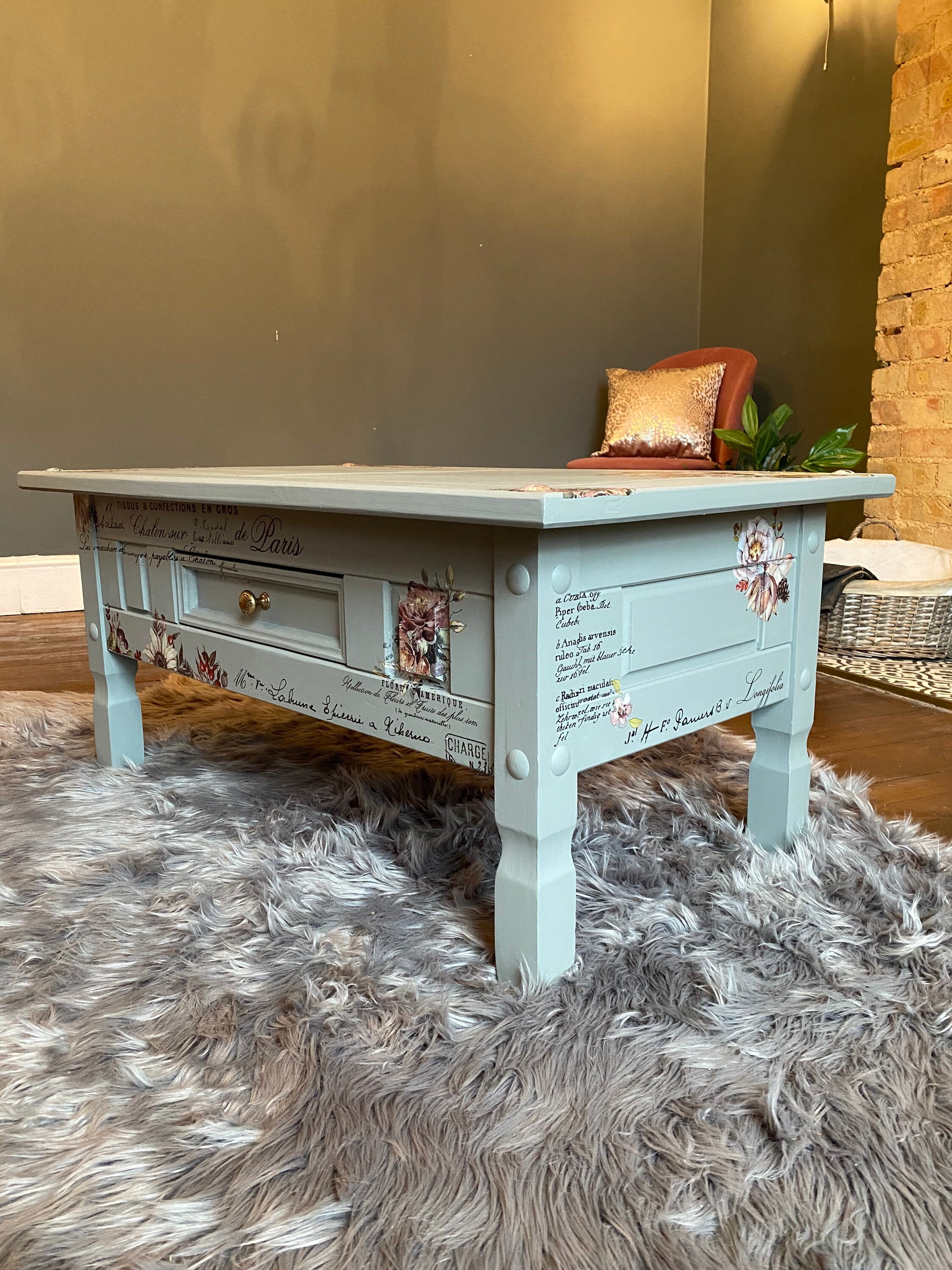 Coffee table painted grey with florals Etsy