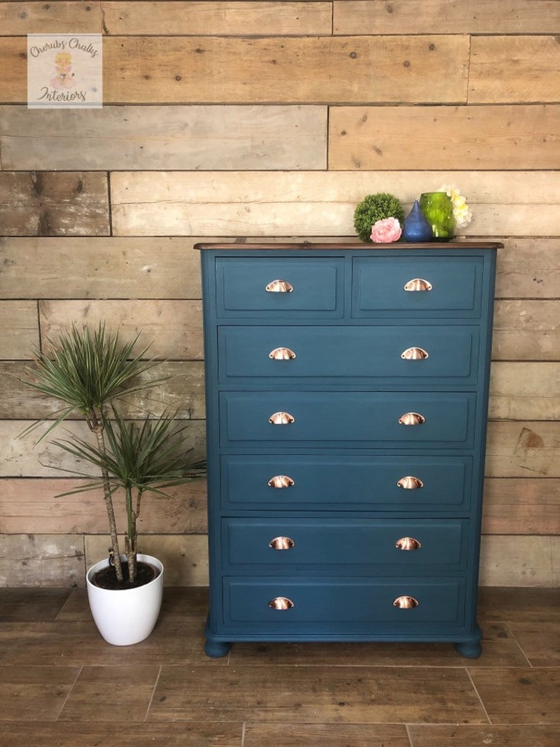Solid Pine Tall Boy Chest Of Drawers Painted In Dark Navy Blue Etsy