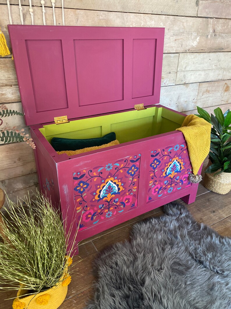 Boho Blanket Box Painted Pink and Floral Etsy UK