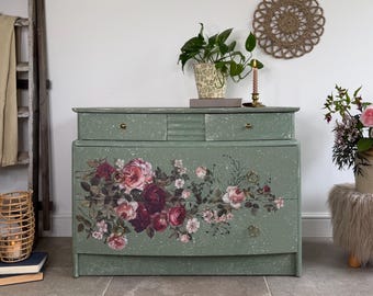 Vintage Stag Small Chest Of Drawers Painted Green and Floral