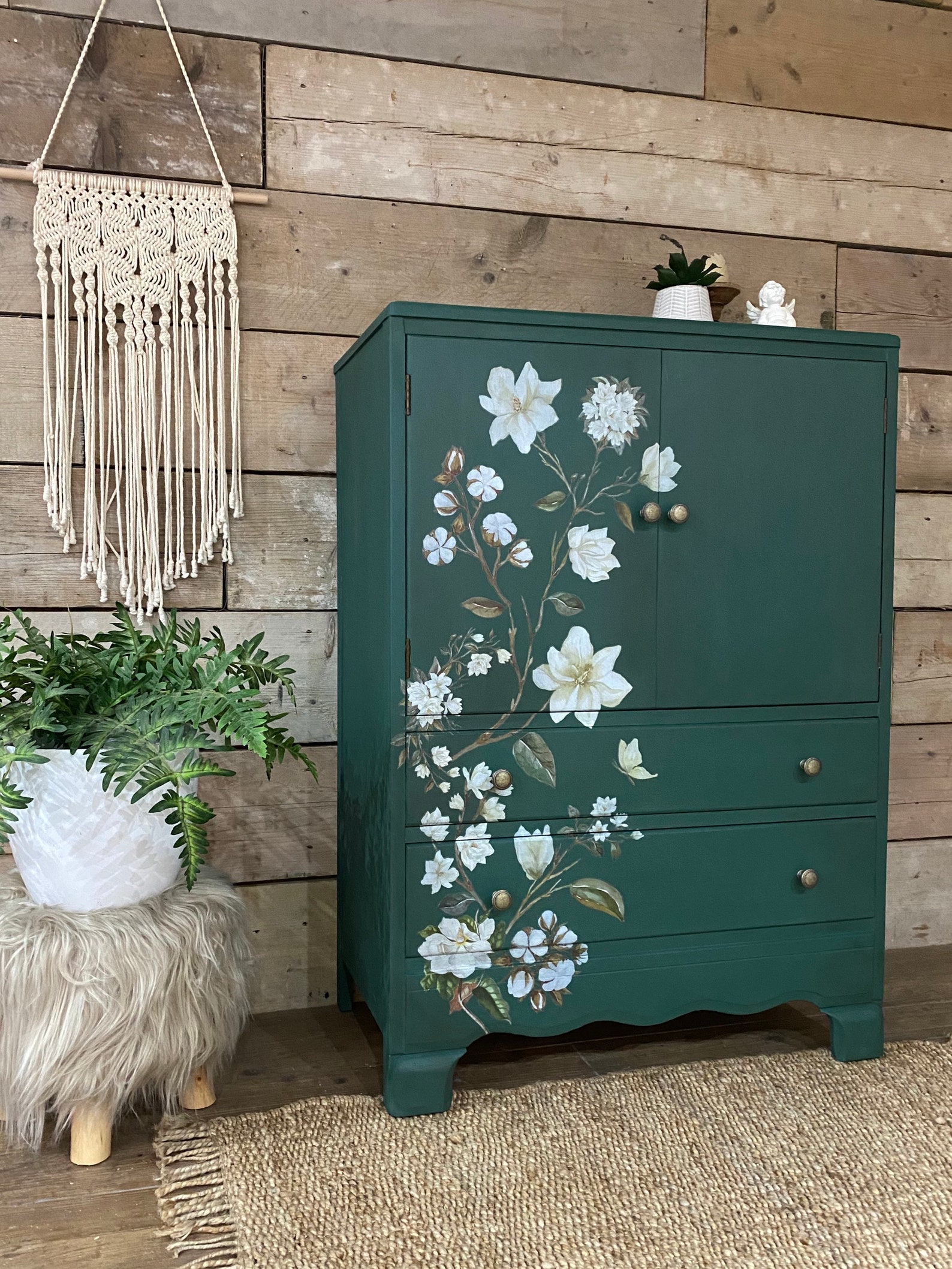Vintage linen cupboard painted dark green Etsy