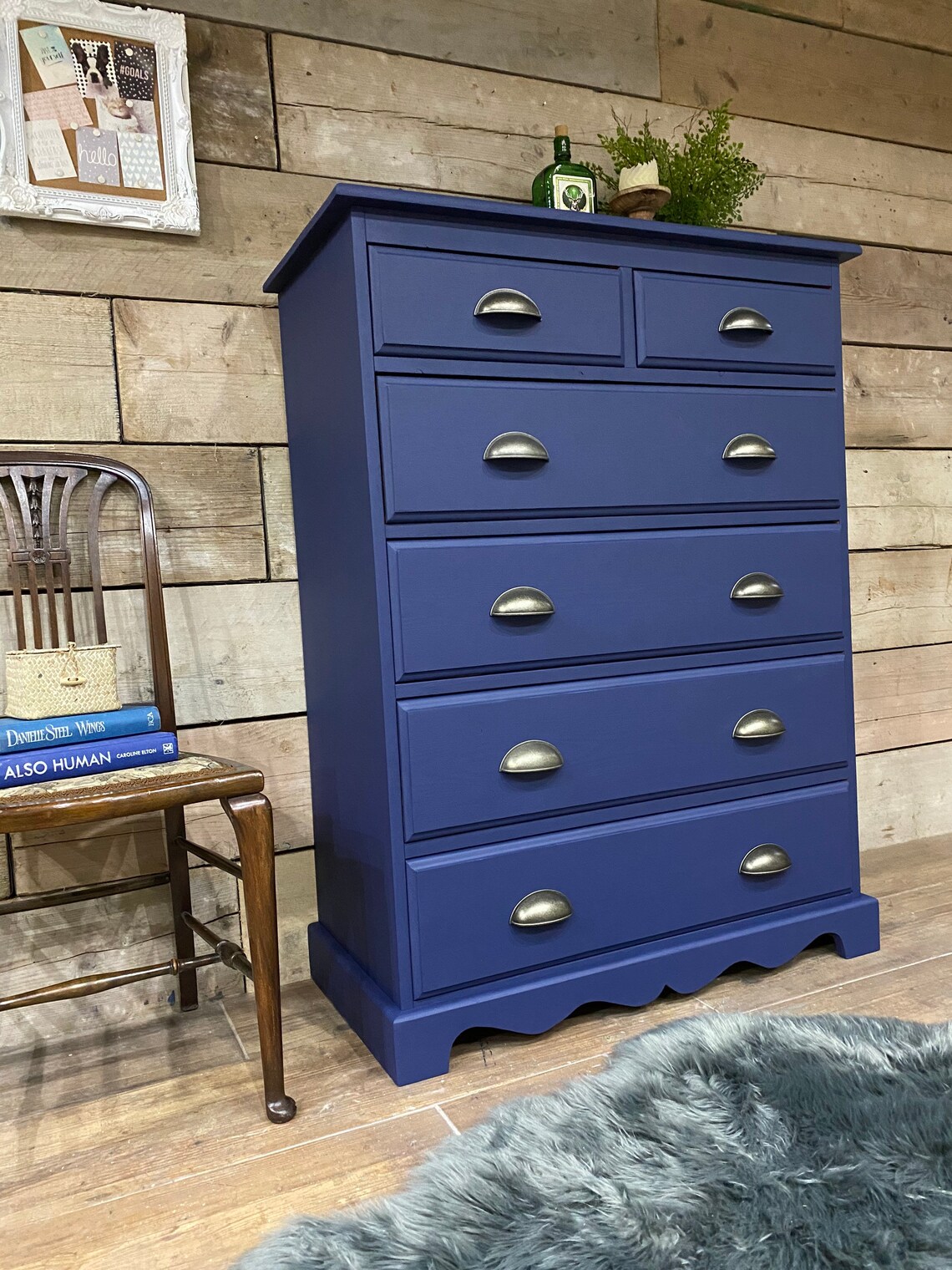 Solid Pine Tallboy Chest Of Drawers Painted Dark Navy Blue Etsy