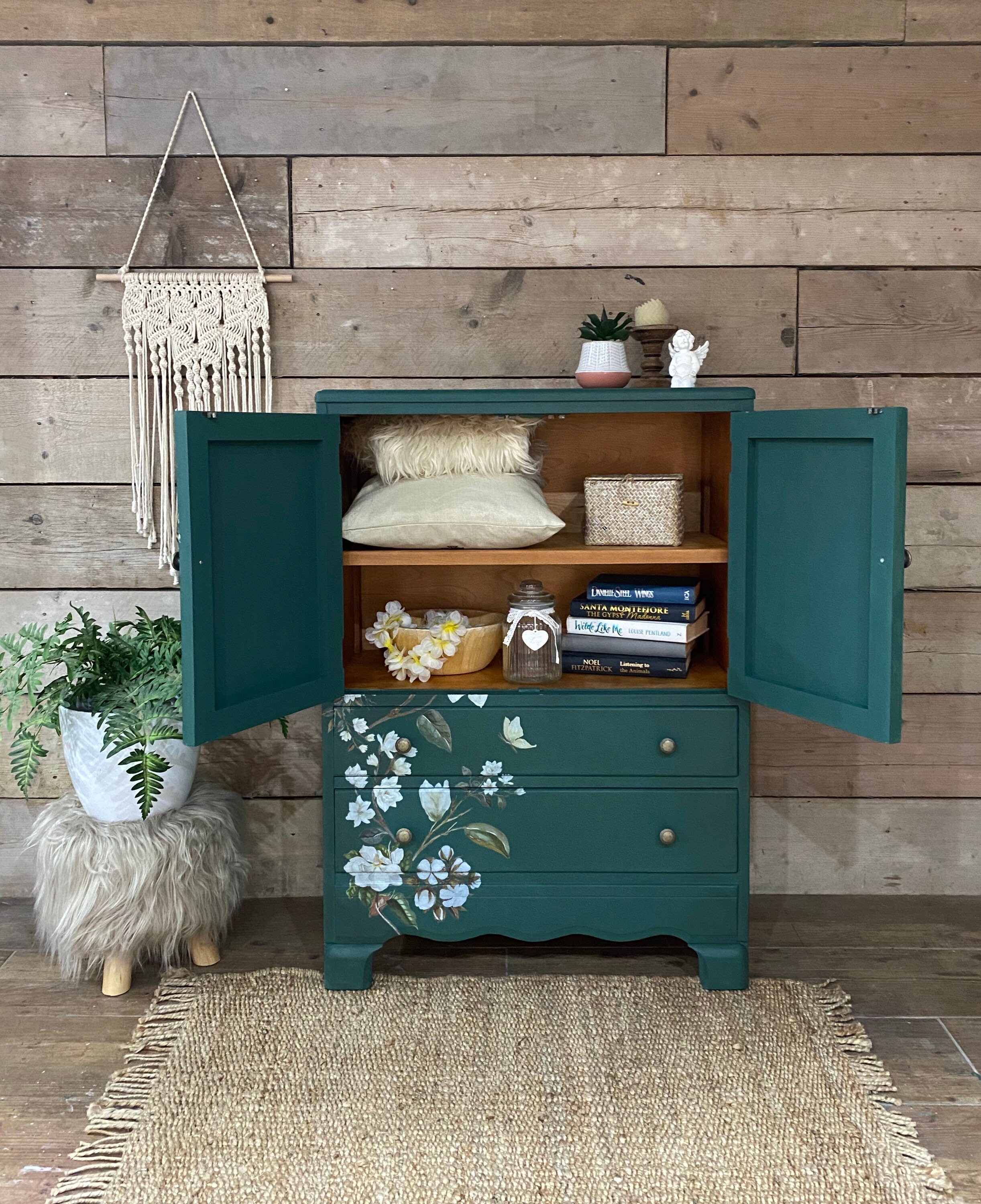 Vintage linen cupboard painted dark green Etsy