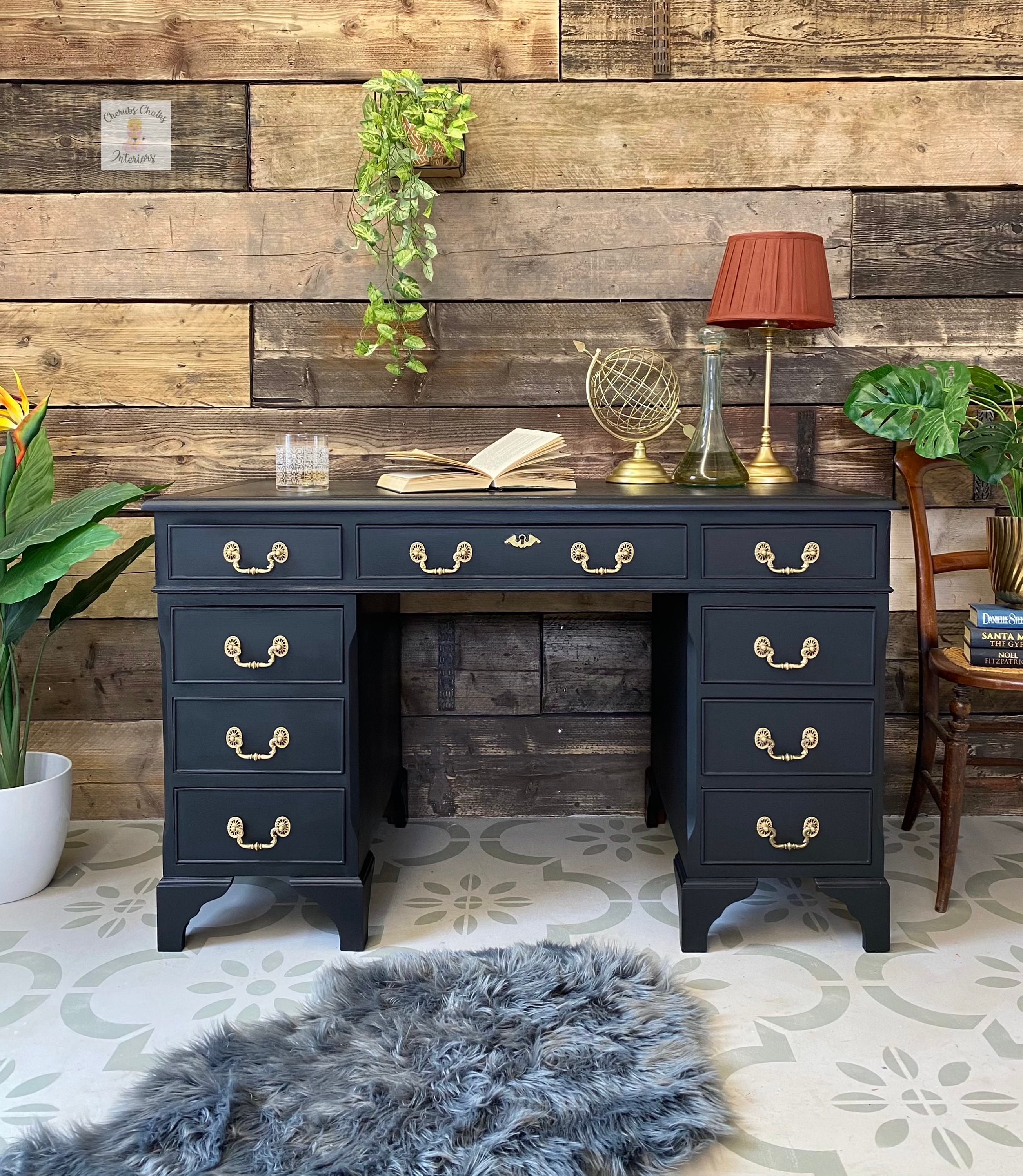 Vintage double pedestal captains desk painted black and gold Etsy