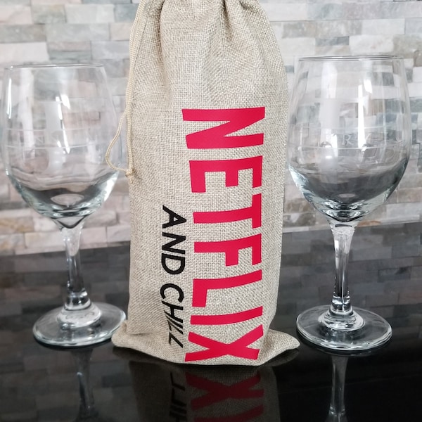 Valentine's Day//Wine bag/re-useable/Hostess Gift/Netflix and Chill//You Can't drink flowers//burlap/drawstring//Gift bag