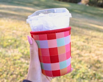 カラフルなチェック柄ドリンクスリーブ // アイスコーヒーコージー
