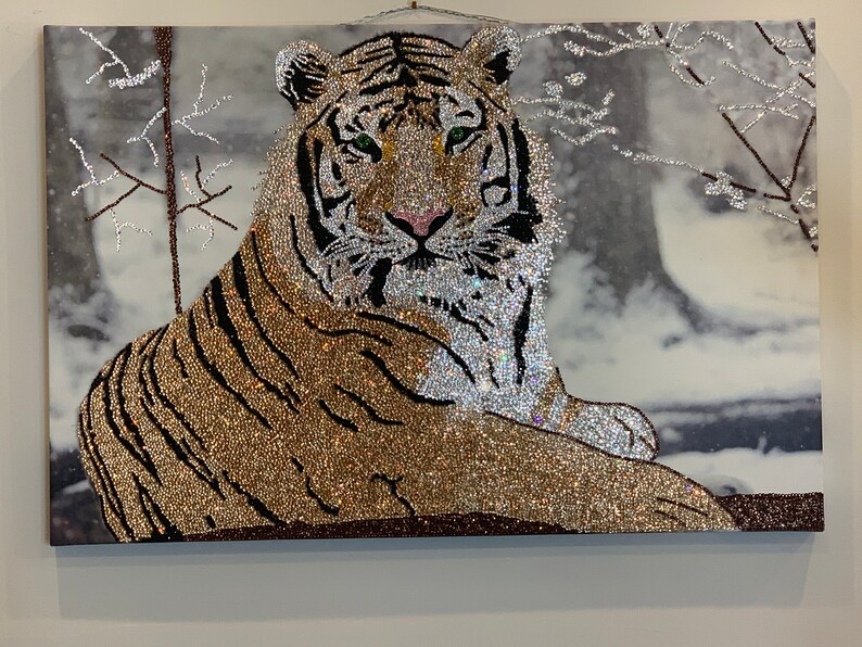 Tiger canvas decorated with all Swarovski Crystals Etsy