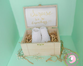 Pregnancy Reveal Wooden Box- Crochet Baby Booties--Hand-crochet Baby Booties-- Baby Booties--Pregnancy Reveal--Vintage Pregnancy Reveal