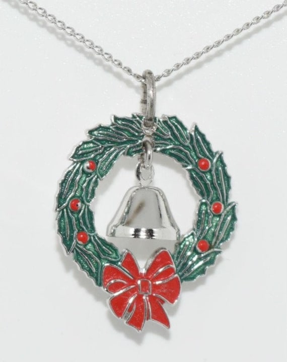 Sterling Christmas Wreath & Bell Pendant Necklace