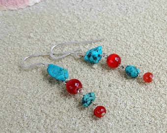 Turquoise and red fiber optic earrings