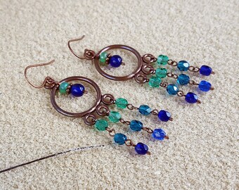 Copper, blue and green chandelier earrings