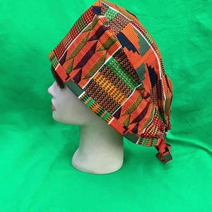 Large Ethnic Tribal African Kente Orange Basic Surgical Scrub Cap / Chef Hat / Bonnet / OR Nurse hat  / skull cap