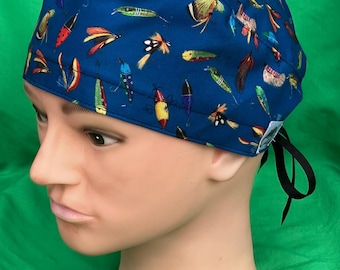 Blue Fly fishing Scrub Cap: Unisex Cotton Tie-Back