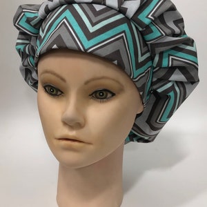 Chevron grey & teal bouffant, chef hat, bonnet, surgical scrub cap.