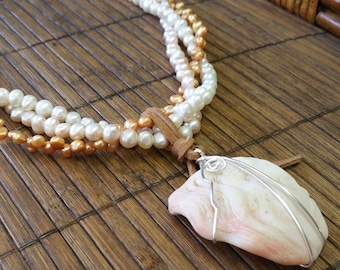 Freshwater Pearls Necklace with Wire Wrapped Shell Pendant, Multi Strand, One of a kind Jewelry, Gifts for Moms, Gifts for Pearl Lovers