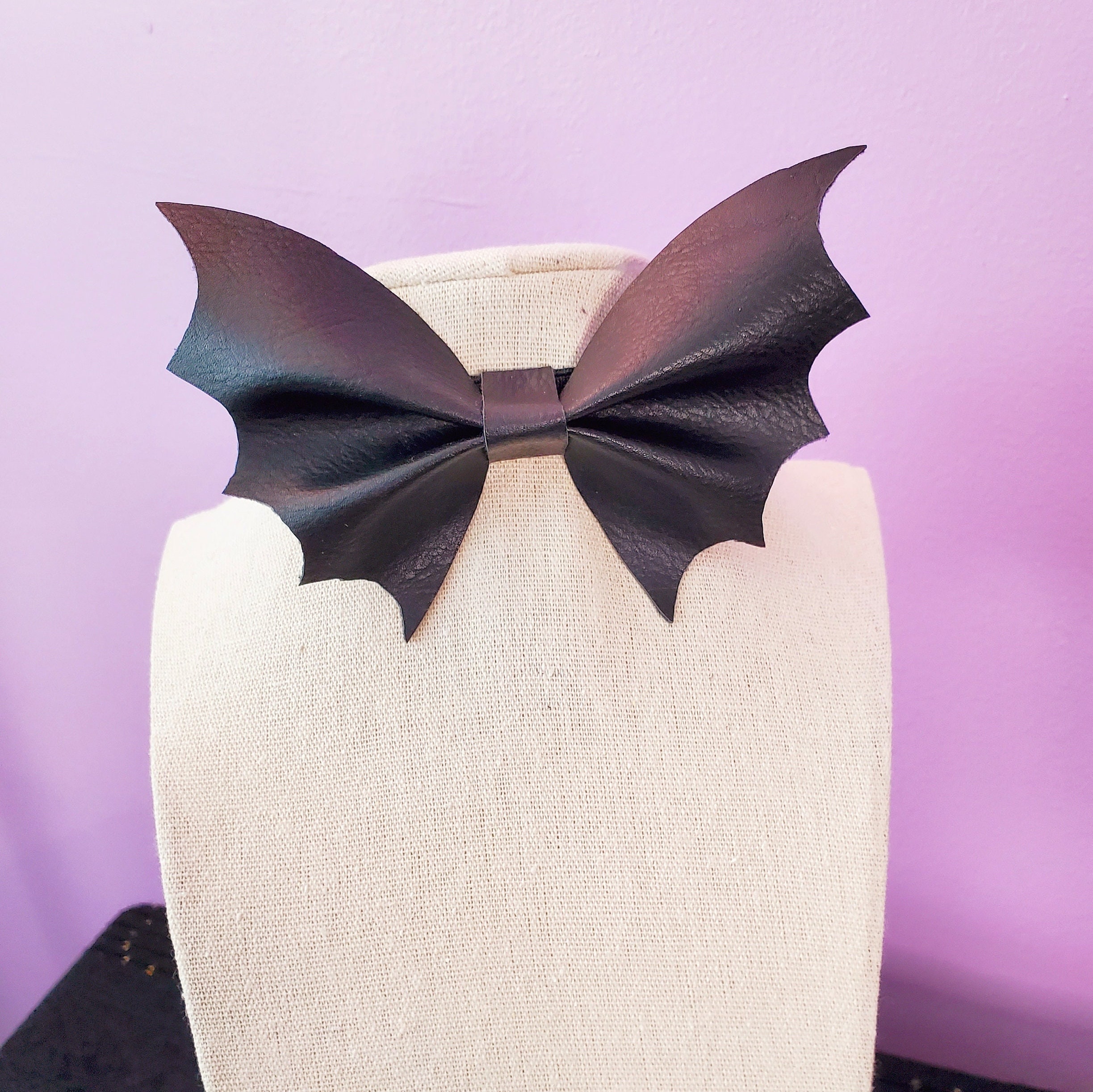 Leather Bat Bowtie. Unisex Faux Leather Black Bat Necktie. Black