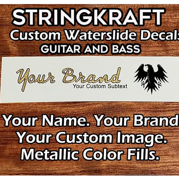 Custom Made Headstock Decal. 100% Customization. Metallic Filled Headstock Decals. Custom Waterslide Decal for Guitar and Bass