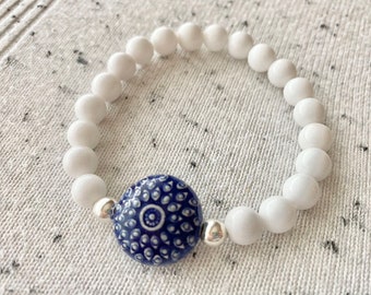 White Onyx & Blue Ceramic, Unique Bracelet, Beaded Bracelets, Handmade Jewelry, Boho Bracelets, Womens Jewelry, Beaded Bracelet, Gifts