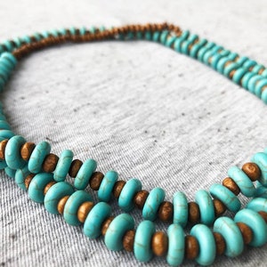 Long Turquoise Beaded Necklace, Turquoise and Wood Beads, Long Beaded Necklace, Boho Jewelry, Handmade Jewelry, Unique Jewelry, Boho