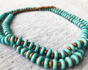 Long Turquoise Beaded Necklace, Turquoise and Wood Beads, Long Beaded Necklace, Boho Jewelry, Handmade Jewelry, Unique Jewelry, Boho