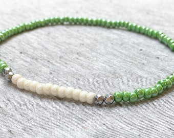 Ankle Bracelet, Stretchy Anklet, Green White and Silver, Beaded Bracelets, Boho Jewelry, Boho Style, Anklets, Beaded Anklet, Unique Jewelry