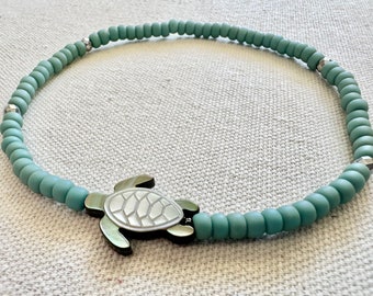 New! Sea Turtle Anklet or Bracelet, Mother of Pearl, Boho Hippie Jewelry, Beaded Bracelets, Cute Jewelry, Stack Bracelets, Cute Anklets